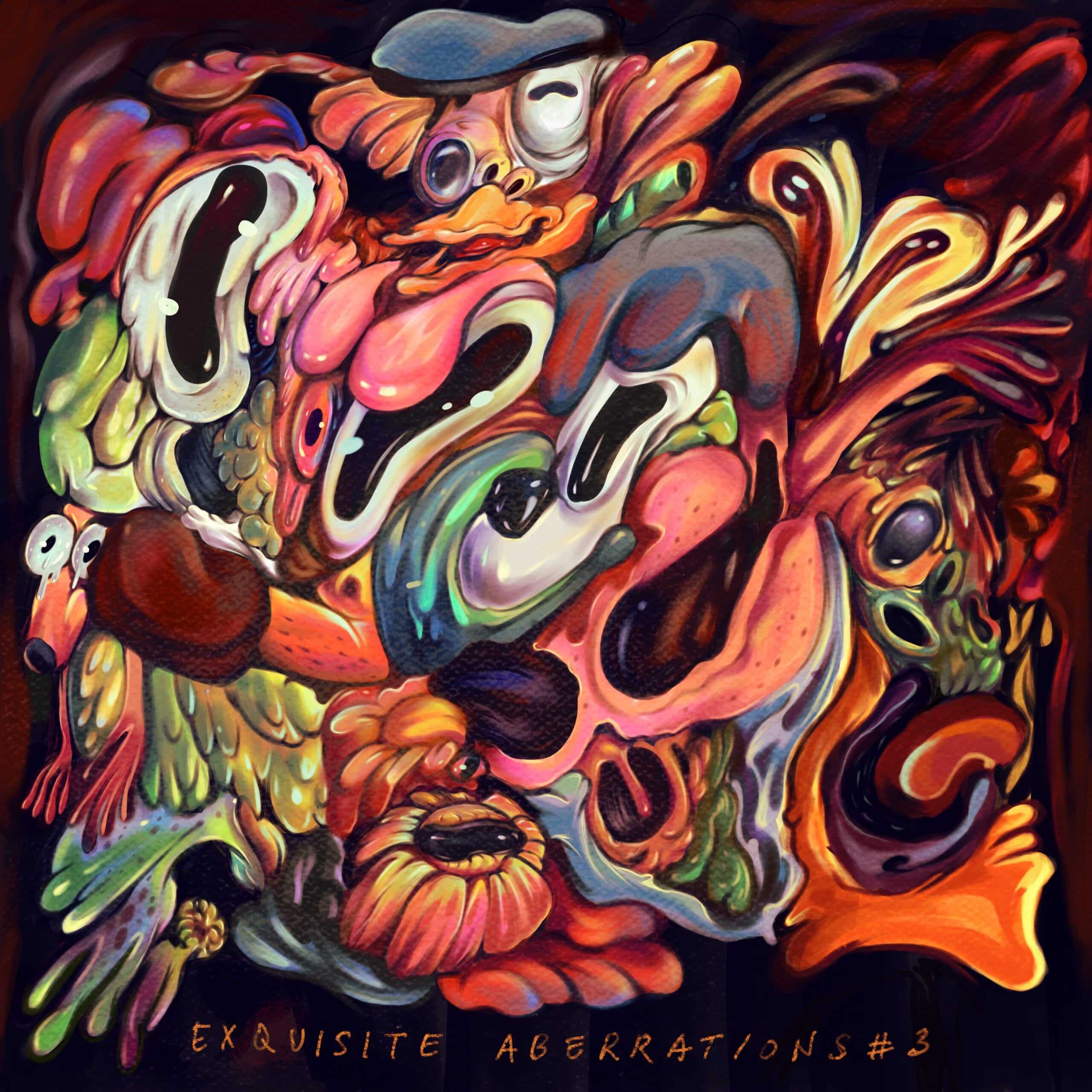 "Exquisite Aberrations #3, a Pop Surrealist artwork by Hans Kristo featuring distorted, abstract cartoon-like figures in vibrant colors with organic and grotesque forms blending together."