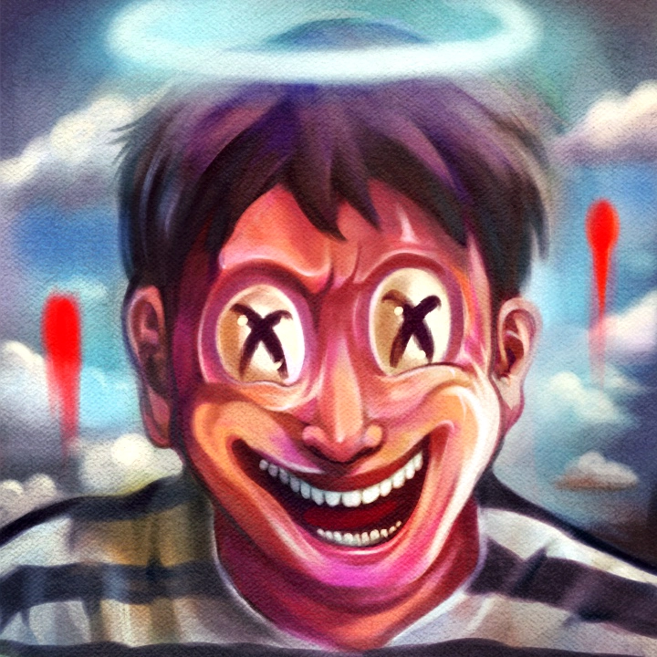 pop surrealism digital Self-portrait of Hans Kristo with halo, cross eyeball and playful tension, multimedia Indonesian artist profile