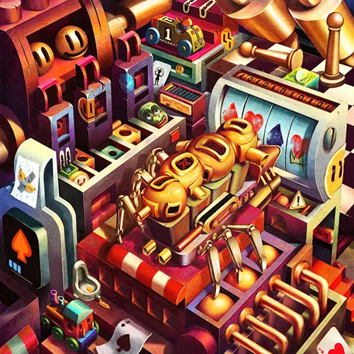 Surreal artwork titled “In Disruption We Trust” from Hans Kristo’s Homo Ludens collection. The piece explores humans as playful actors in a world of rules and fictional narratives, highlighting how disruption and change are inevitable forces that reshape society, shifting between utopia and dystopia.