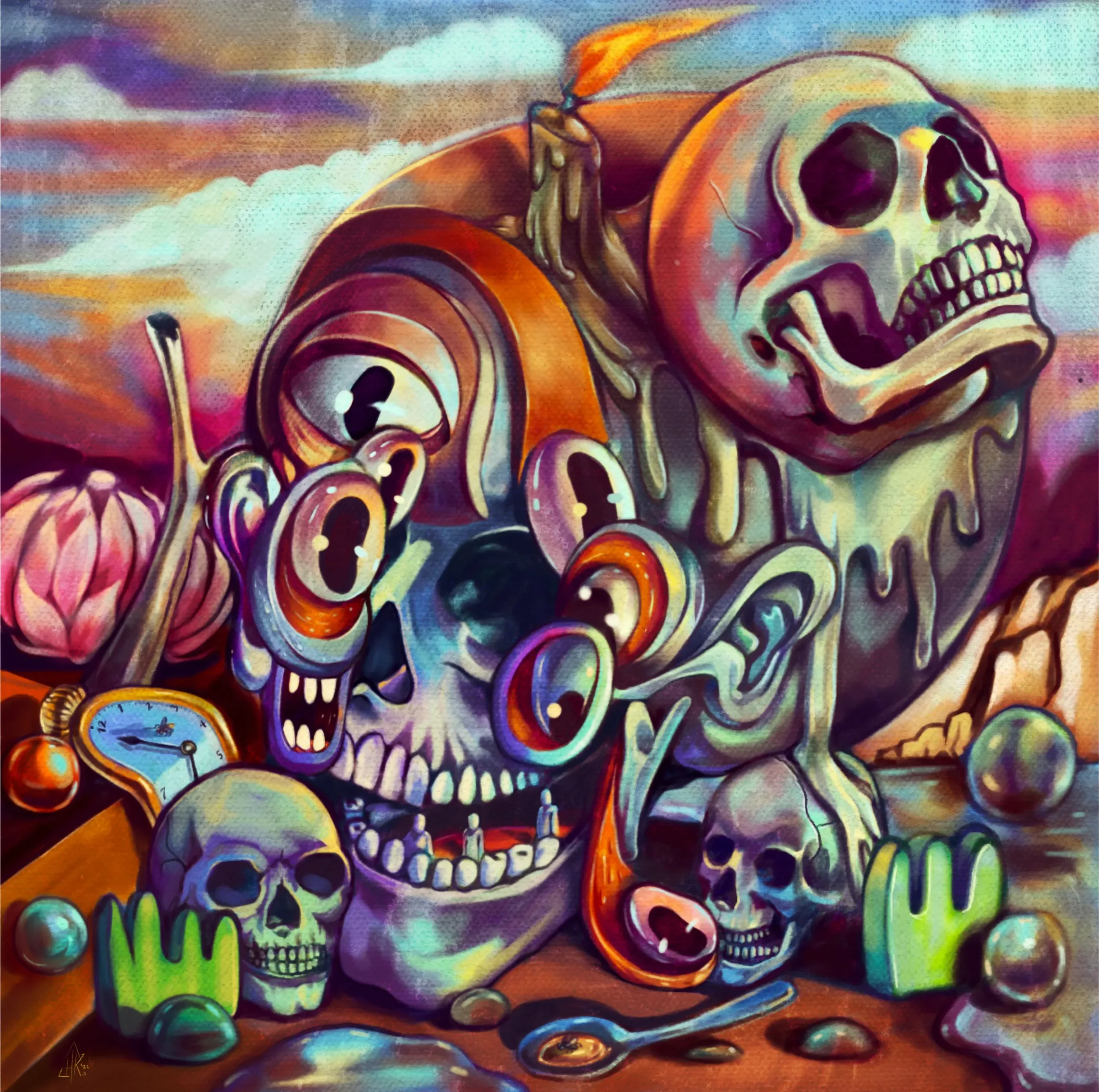 A surrealist pop painting of multiple skulls surrounded by melting candles, distorted clocks, and vibrant swirling eyes. The imagery reflects the tension between Memento Mori—the awareness of mortality—and Carpe Diem—the urgency to embrace life while it lasts.