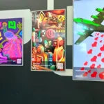 Digital artwork of a futuristic control room with robotic seats, glowing buttons, and surreal symbols, displayed at NFT NYC 2023.