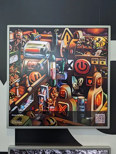 Pop surrealist painting by Hans Kristo exhibited in a New York gallery, featuring symbolic toys, machines, consumer objects, and surreal motifs reflecting on technology and modern life.