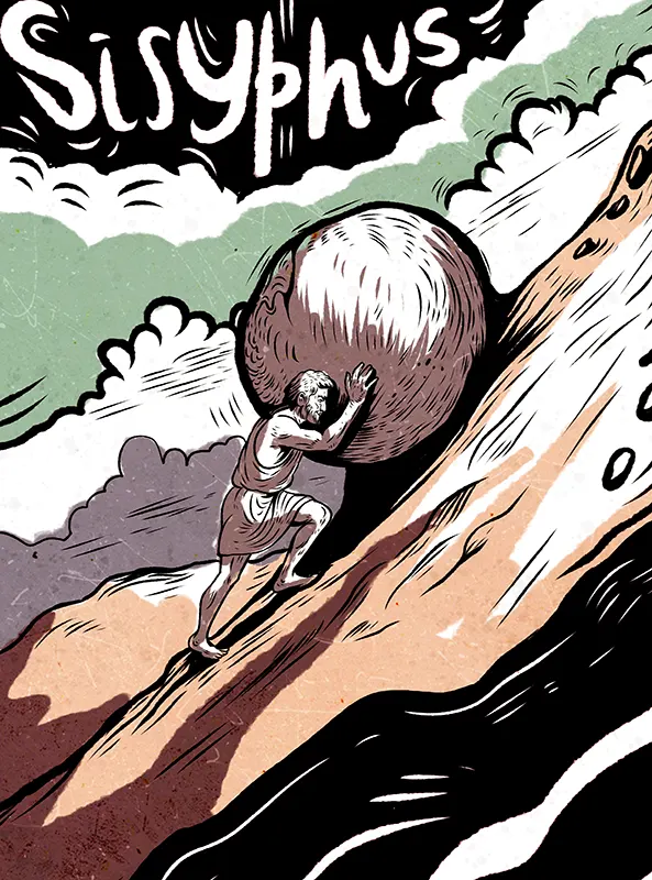 Illustration of Sisyphus from Greek mythology, an old man pushing a massive boulder up a steep hill. Comic-style artwork with bold lines and dramatic clouds, symbolizing eternal struggle, absurdism, and Camus’s philosophy of finding meaning in the journey.