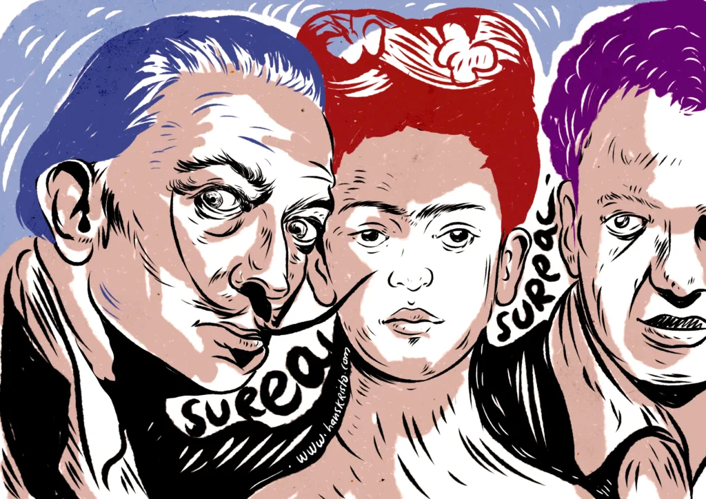 Illustration of surrealism icons Salvador Dalí, Frida Kahlo, and Diego Rivera in pop surrealism style by Hans Kristo, bold line art with blue, red, and purple accents.
