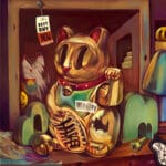Pop surrealism painting of a golden maneki-neko cat with a barcode and “Best Buy Now” tag, symbolizing consumerism and commodified luck — artwork by Hans Kristo, Indonesian contemporary pop surrealist artist.