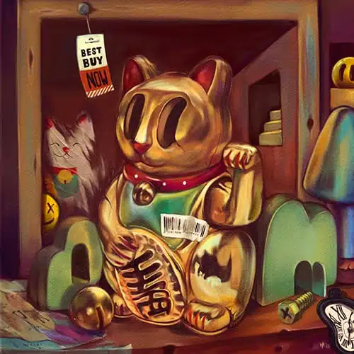 8 Captivating and Powerful Reasons Young Art Collectors Are Transforming the Art World — From Pop Surrealism to AI Art 1 Pop surrealism painting of a golden maneki-neko cat with a barcode and “Best Buy Now” tag, symbolizing consumerism and commodified luck — artwork by Hans Kristo, Indonesian contemporary pop surrealist artist.