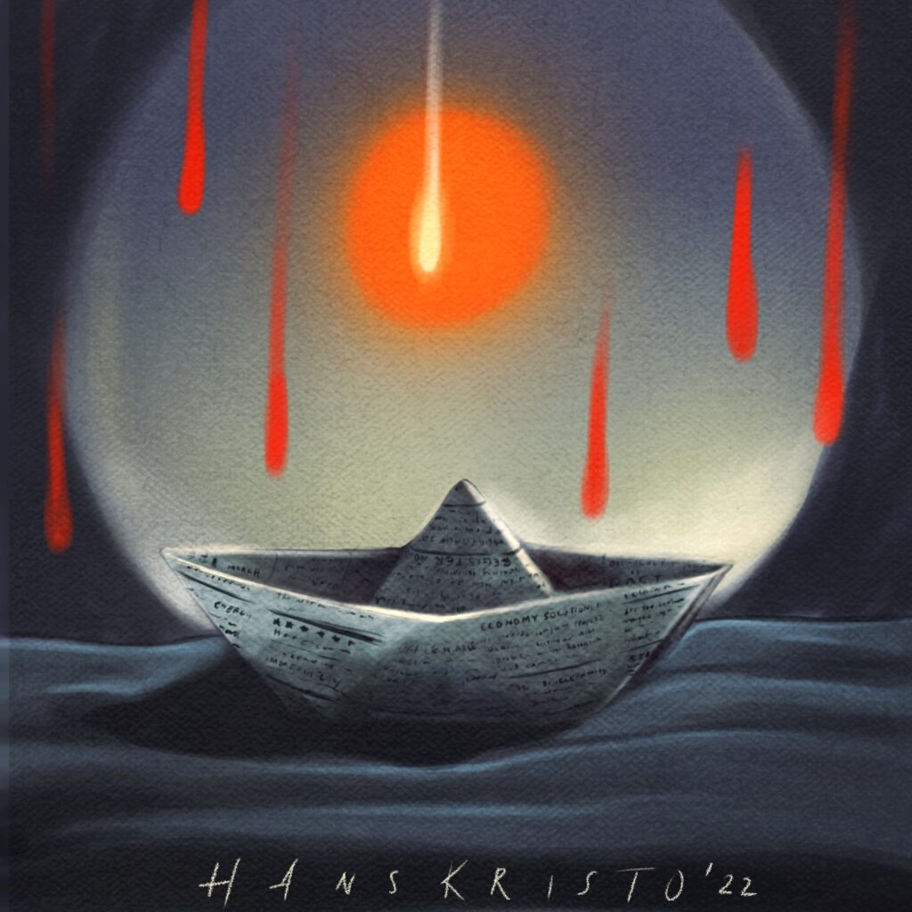 A Journey (2022) by Hans Kristo, Pop Surrealism artwork. A paper boat floats on dark waters under a glowing red sun, with streaks of falling fire in the sky. The piece symbolizes resilience through struggle, the fragility of existence, and hope that emerges along the path of life’s journey.