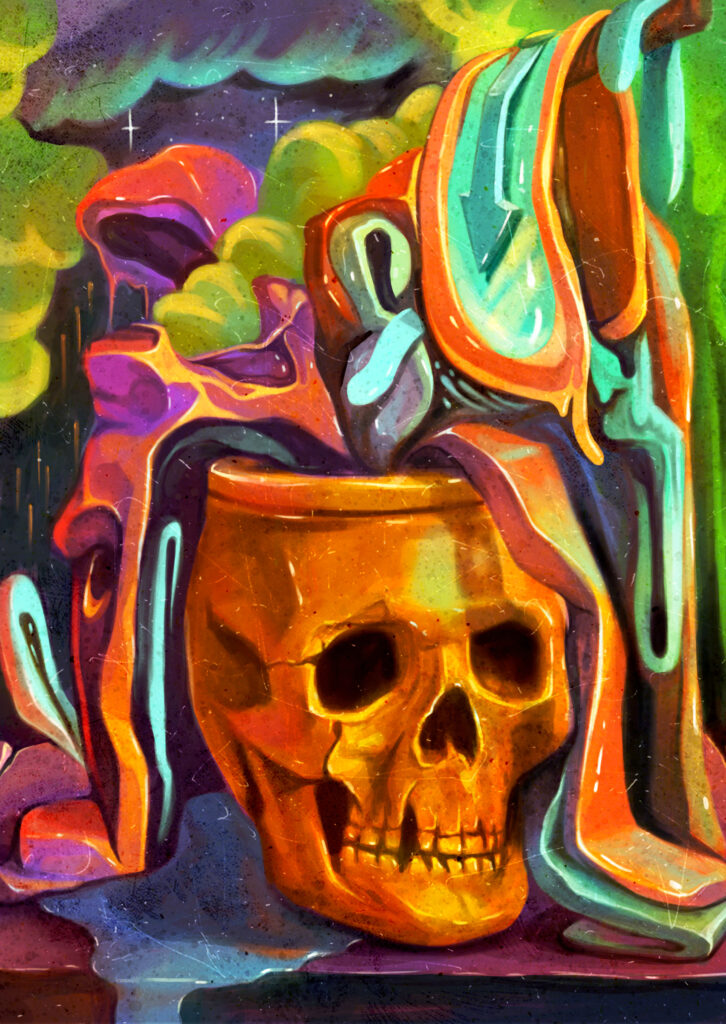 Surrealist painting of a golden skull with vivid, molten colors flowing from its hollow crown. The artwork reimagines the classic vanitas theme, portraying death not as silence and dust but as transformation, vibrancy, and defiance against oblivion.