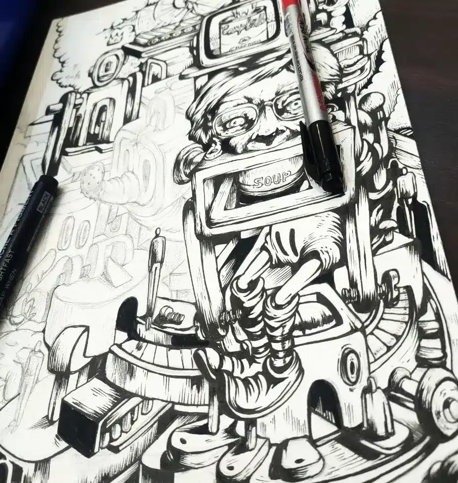 Unfinished black-and-white drawing showing surreal pop culture evolution with mechanical forms, a human figure with glasses, and Campbell’s soup imagery, symbolizing the tension between light and dark sides.