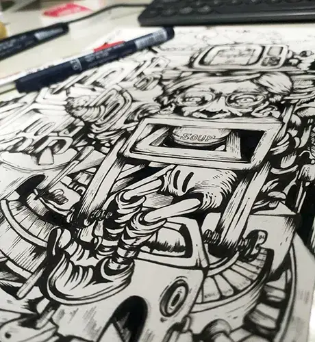 Black and white illustration depicting the evolution of pop culture with rotating mechanical elements, human figures, and symbolic contrasts of light and darkness.