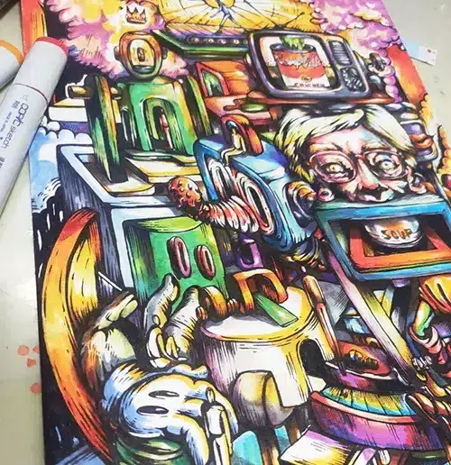 Colorful surreal pop surrealism artwork featuring a distorted human face emerging from a TV screen, surrounded by mechanical objects, hands, and neon glitch-like strokes — a mixed media art piece symbolizing imperfection, chaos, and contemporary glitch aesthetics