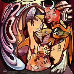 Hans Kristo | Pop Surrealism Artist | Indonesia Pop Surrealism | Lowbrow art 1 Pop Surrealism painting by Hans Kristo inspired by Picasso’s Guernica, reinterpretation in Romantic Grotesque style with expressive surreal forms.