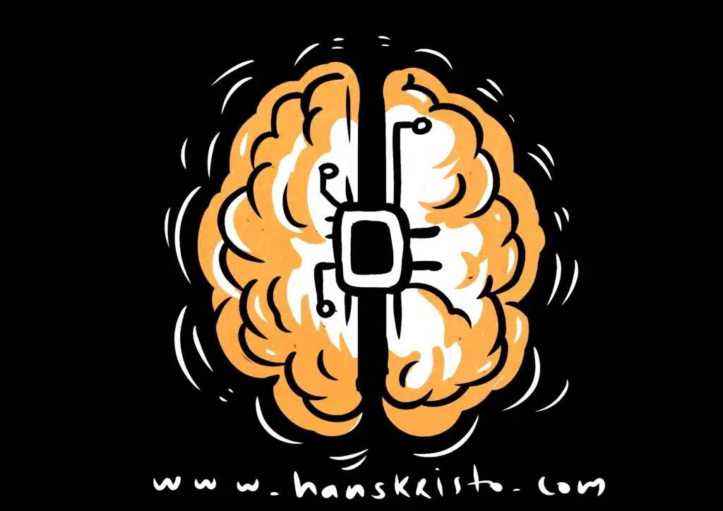 Minimalist illustration of a brain with a microchip core, symbolizing AI and the zeitgeist in contemporary art collecting by Hans Kristo.