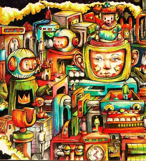 Hans Kristo | Pop Surrealism Artist | Indonesia Pop Surrealism | Lowbrow artist 8 Colorful contemporary art pop surrealism work “Pandora Circuit” by Indonesian NFT artist Hans Kristo, featuring a mechanical cityscape of broken toys, decaying robots, clown-doll faces, nostalgic childhood motifs, televisions with human faces, and labyrinth-like miniature houses in a surreal theatrical setting. Mixed media Glitched art