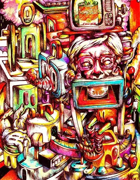 Surreal colorful artwork of a human head fused with television screens, pipes, and machines, symbolizing media, consumerism, and the decay of popular culture in the post-truth era.