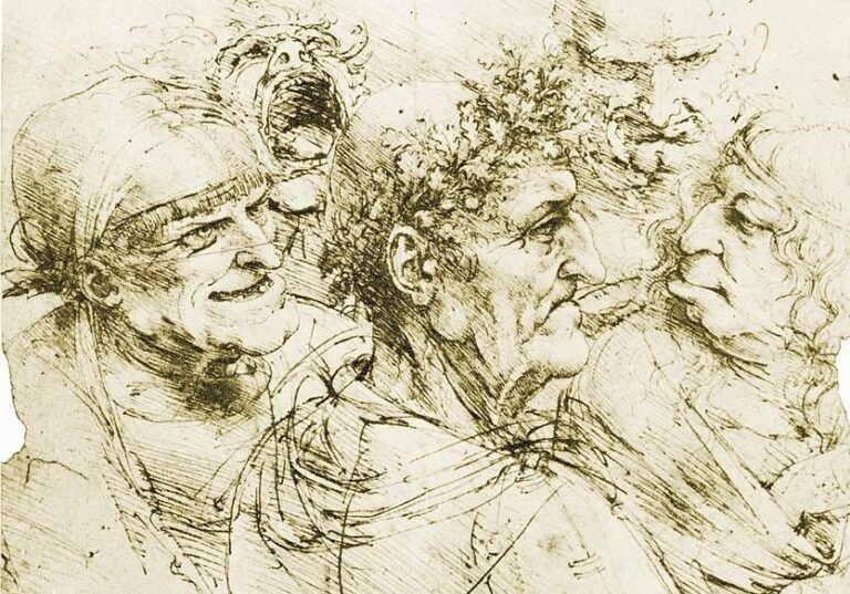 Grotesque Heads drawing by Leonardo da Vinci, c.1490, pen and ink study of distorted human faces, Royal Library Windsor.