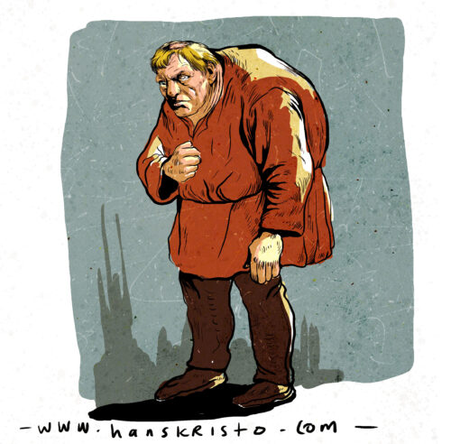 The Timeless Grotesque: Hidden Shadows and Forbidden Secrets of Bosch, Goya, and Pop Surrealism 7 Grotesque pop-surrealist illustration of the Hunchback from Victor Hugo’s Notre-Dame de Paris by Hans Kristo, showing dramatic expression and hunched posture.