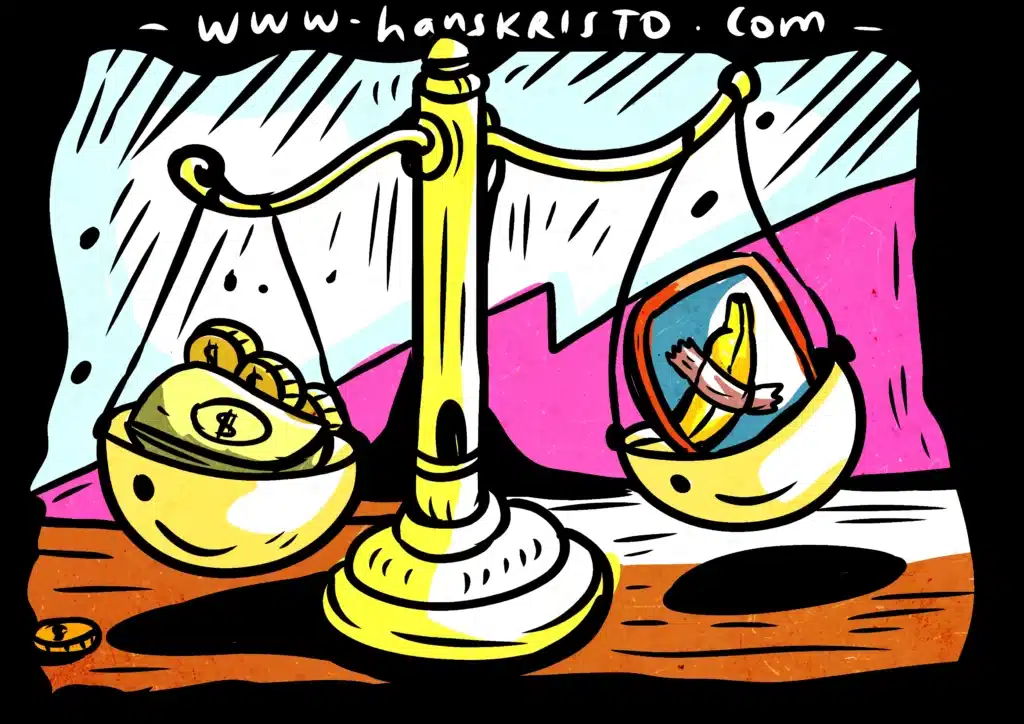 "Pop surrealism illustration of investment in young art collectors showing golden scale with money and contemporary art banana artwork by Hans Kristo.