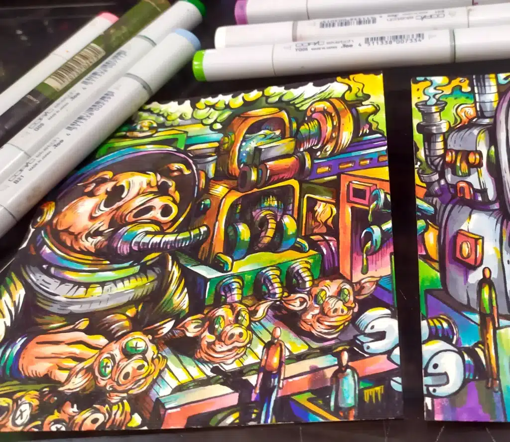 Colorful pop surrealism artwork titled “Mechanism of Madness”, showing grotesque pig heads processed through a surreal industrial machine with pipes, smoke, and gears, surrounded by tiny human figures. Created by an Indonesian NFT artist, symbolizing greed, commodification, and the madness of modern industrial society in the context of contemporary art.