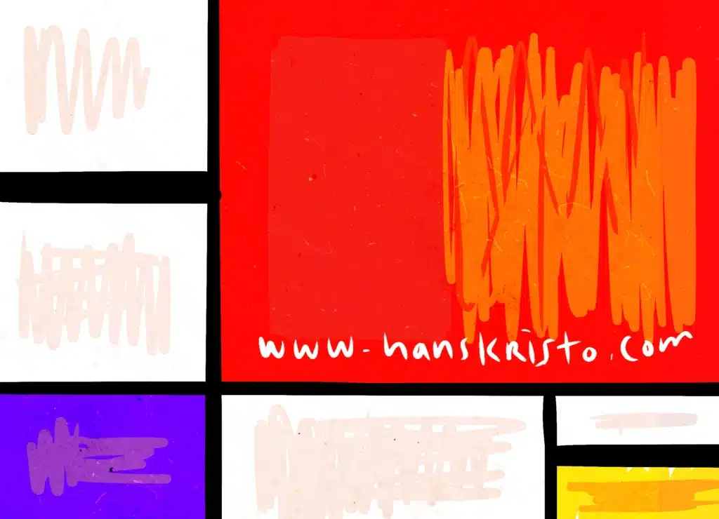 Pop surrealism artwork blending Piet Mondrian geometric grids with Mark Rothko color fields, symbolizing collectors who choose art by color — Hans Kristo.