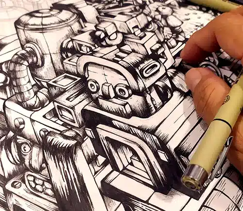 Ink drawing artwork titled “Post Digital Hive” depicting a dense mechanical city with pipes, stacked buildings, broken toy-like details, and robotic forms. Created in a pop surrealism style by an Indonesian NFT artist, symbolizing the chaos and complexity of digital infrastructure within contemporary art.