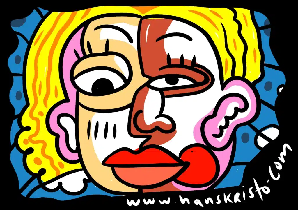 Pop surrealism cubist-style illustration of a face, symbolizing art collectors who focus on style-based collecting in contemporary art.