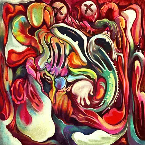 "Season in Bloom" abstract pop surrealism painting by Hans Kristo, featuring organic surreal forms and vibrant colors. Contemporary lowbrow art that explores nature’s cycle of growth, decay, and transformation, reflecting harmony and chaos as states of the soul.