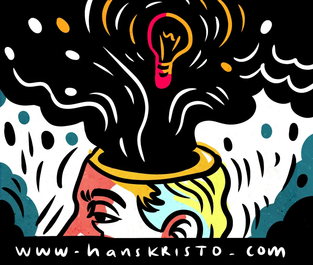 Pop surrealism illustration of a theme-based art collector with ideas and light bulb emerging from head, symbolizing conceptual collecting in contemporary art.