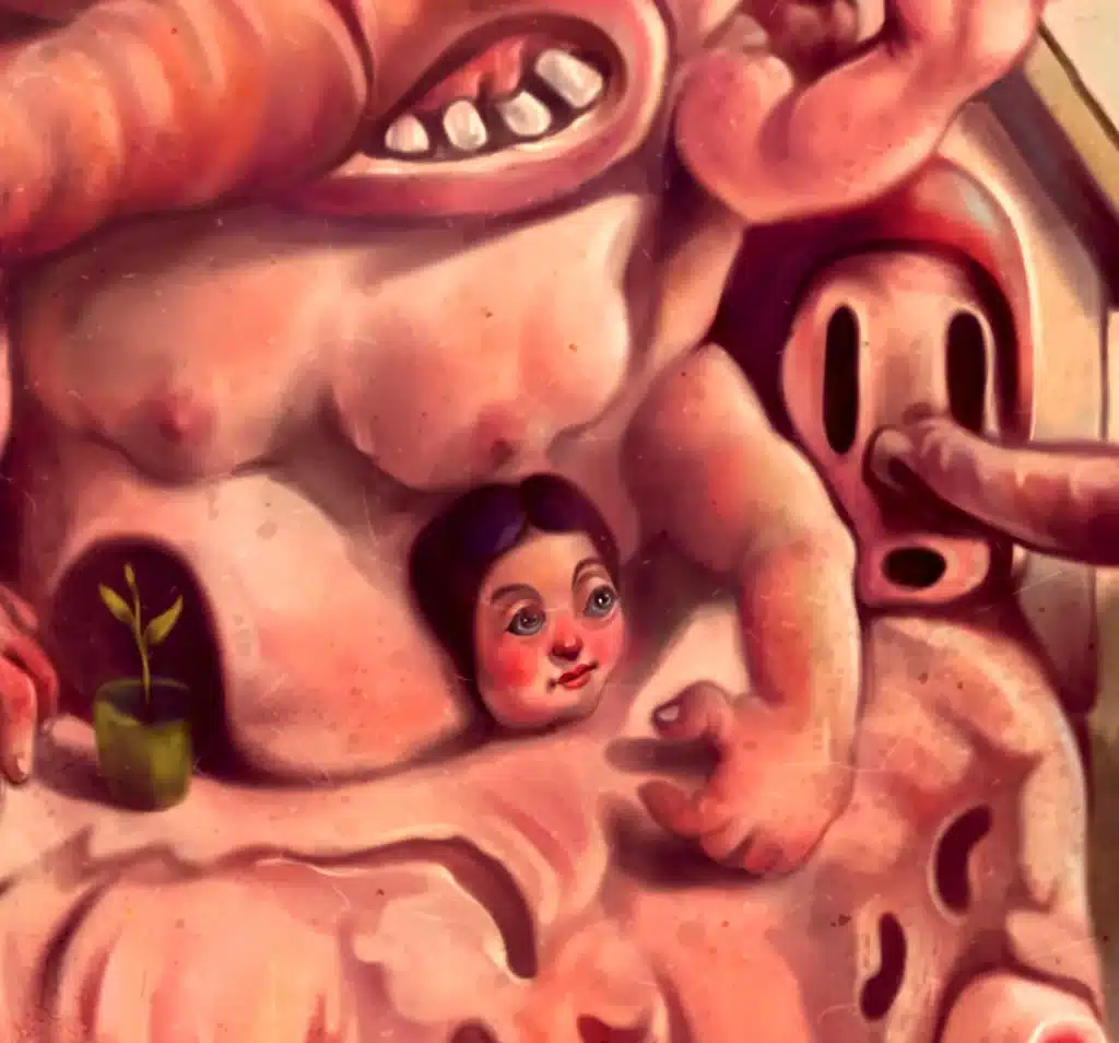 Close-up of Fallen Eden – a surreal grotesque body with a doll-like face, melting forms, layered hands, and a small green sprout symbolizing fragile hope.