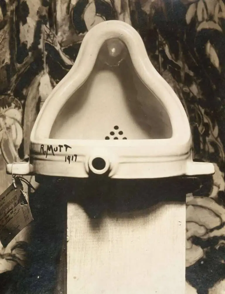 “Marcel Duchamp Fountain 1917 grotesque Dada art urinal signed R. Mutt, photographed by Alfred Stieglitz – iconic ready-made artwork challenging tradition.”