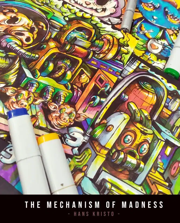 THE MECHANISM OF MADNESS: BEYOND GREED AND FEAR 65 The Mechanism of Madness by Hans Kristo — Pop Surrealism artwork with surreal factory machines, pig faces, and grotesque figures in neon colors.