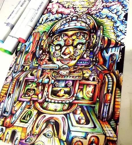 Marker on paper artwork by Hans Kristo, pop surrealism artist, depicting a surreal mechanical humanoid with fragmented faces and colorful machinery, symbolizing fractured identity and distorted reality.