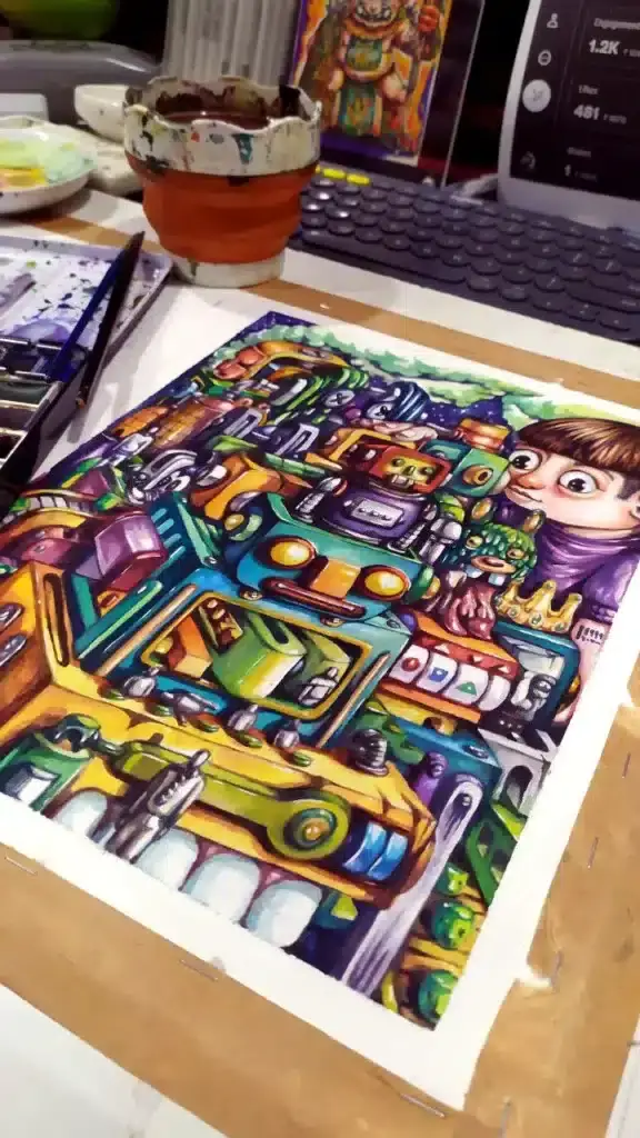 Watercolor painting by Hans Kristo, pop surrealism artist, showing a surreal scene of a child surrounded by toy robots and gears, symbolizing innocence, control, and mechanical dreams.