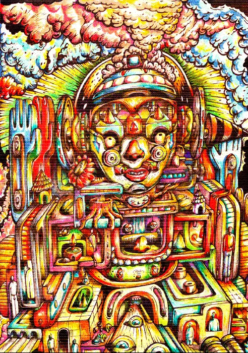 A surreal artwork titled ‘Fractured Simulacra,’ depicting fragmented media realities and human desire, echoing themes from Schopenhauer quotes about suffering and the restless human will.