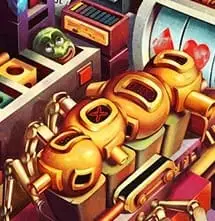 A surreal pop-art illustration featuring a distorted Pepe-style face fused with mechanical elements beside a futuristic robot. The composition blends organic and metallic textures, symbolizing disruption, rapid technological change, and human tension between chaos and progress.