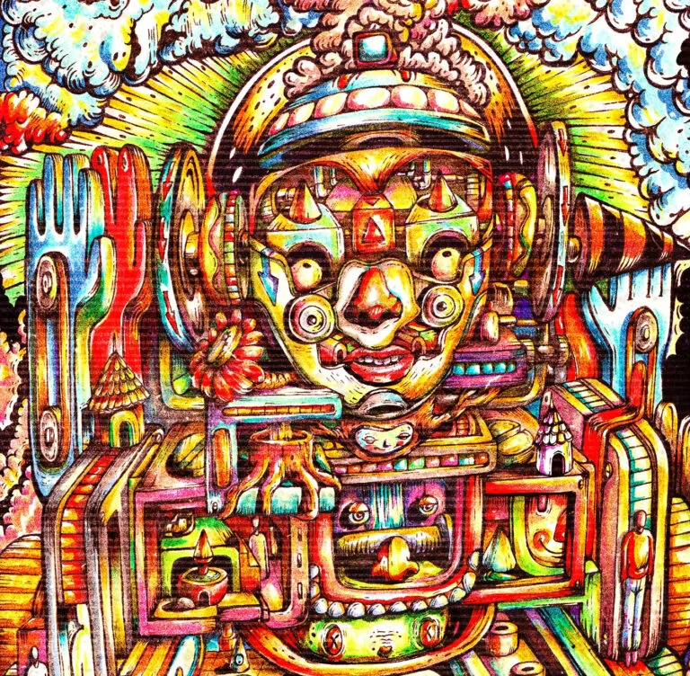 Hans Kristo | Pop Surrealism Artist | Indonesia Pop Surrealism | Lowbrow artist 9 A surreal artwork titled ‘Fractured Simulacra,’ depicting fragmented media realities and human desire, echoing themes from Schopenhauer quotes about suffering and the restless human will.