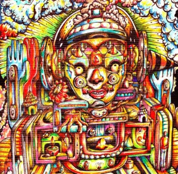 A surreal artwork titled ‘Fractured Simulacra,’ depicting fragmented media realities and human desire, echoing themes from Schopenhauer quotes about suffering and the restless human will.