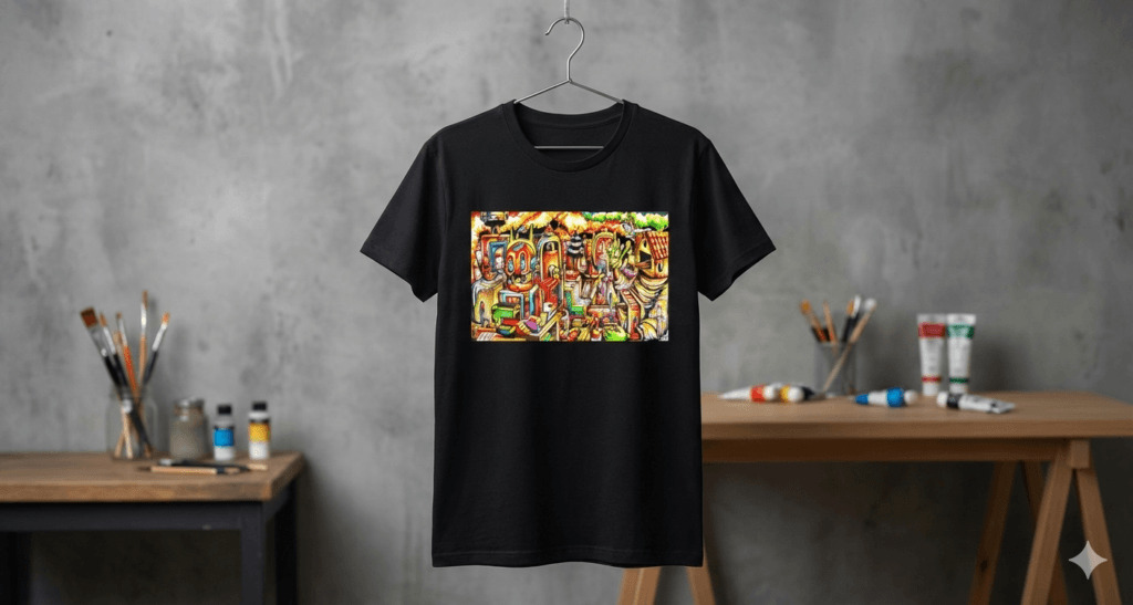 Hans Kristo | Pop Surrealism Artist | Indonesia Pop Surrealism | Lowbrow artist 10 Hans Kristo limited edition black t-shirt mockup featuring colorful surreal robot artwork and mechanical doodles in an art studio setting.