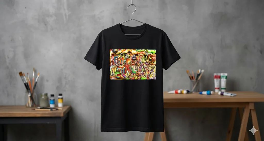Hans Kristo | Pop Surrealism Artist | Indonesia Pop Surrealism | Lowbrow artist 10 Hans Kristo limited edition black t-shirt mockup featuring colorful surreal robot artwork and mechanical doodles in an art studio setting.