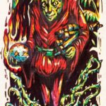 A cinematic illustration of Kael Vaylen, a tribal protector wearing a deep crimson hood, standing in a dense, untamed jungle. He holds a glowing mystical orb in his hand, surrounded by flickering magical flames. His expression is serious and contemplative. Thick jungle vines twist around his feet, and the lighting is a moody mix of dark forest shadows and the vibrant glow from the artifact.