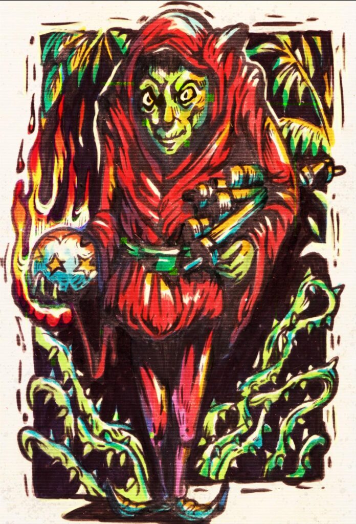 A cinematic illustration of Kael Vaylen, a tribal protector wearing a deep crimson hood, standing in a dense, untamed jungle. He holds a glowing mystical orb in his hand, surrounded by flickering magical flames. His expression is serious and contemplative. Thick jungle vines twist around his feet, and the lighting is a moody mix of dark forest shadows and the vibrant glow from the artifact.