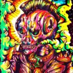 A vibrant neon glitch art illustration of a punk skull character with a mohawk, wearing a spiked leather jacket and a star medal, surrounded by glowing psychedelic smoke.