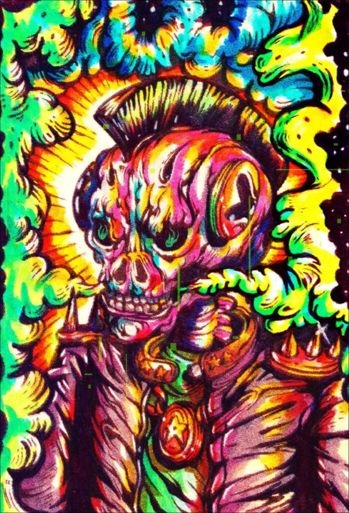 A vibrant neon glitch art illustration of a punk skull character with a mohawk, wearing a spiked leather jacket and a star medal, surrounded by glowing psychedelic smoke.