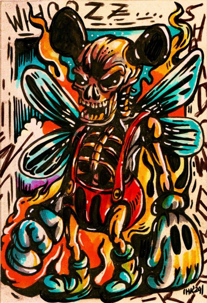 A stylized illustration of Shadow Ember, a skeletal character with large ears and insect-like wings wearing red overalls, surrounded by vibrant orange flames and cyan accents.