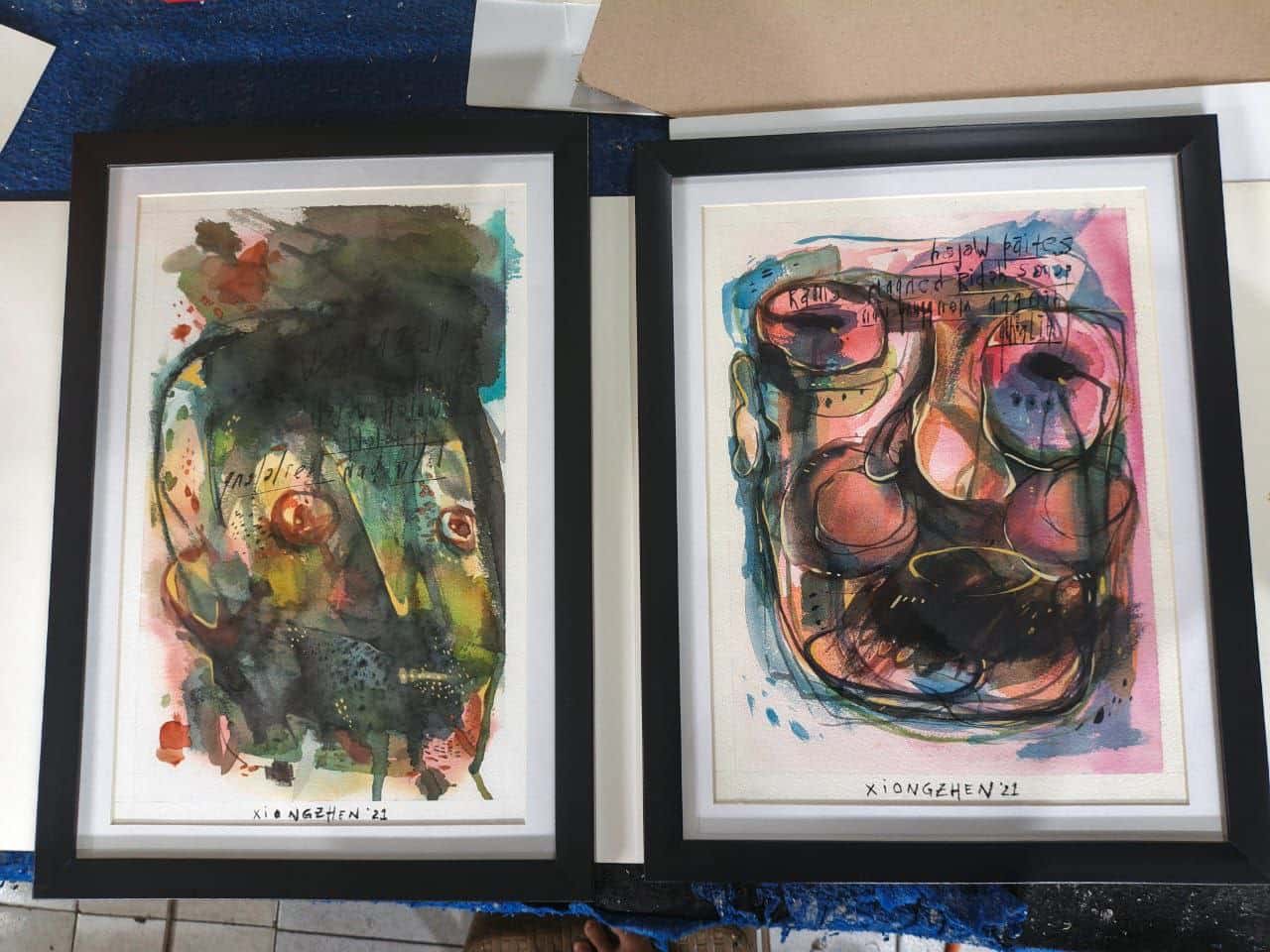 Contemporary figurative artwork on paper from the series 'Residu Sebuah Perjumpaan' (Residue of an Encounter) by Indonesian artist Xiongzhen. The painting explores themes of human presence and existential identity during the pandemic, showcased at Art Jakarta Papers 2026 under the curation of Hendro Wiyanto.