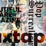 Collage of the Pop Surrealism art movement featuring typographic logos of Juxtapoz and Beautiful Bizarre Magazine over a vibrant street art and graffiti mural background.