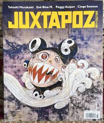 Juxtapoz magazine cover titled 'Art + Culture', featuring a striking monstrous pop-style artwork by Takashi Murakami. A character with bulging eyes and sharp teeth emerges from swirling white waves against a rough purple textured background. The names of prominent artists like Takashi Murakami, Zoé Blue M., Peggy Kuiper, and Cinga Samson are listed at the top.