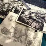 Pop Surrealism artist profile - Archival studio sketchbooks from 2015 showcasing foundational ink and graphite drawings.