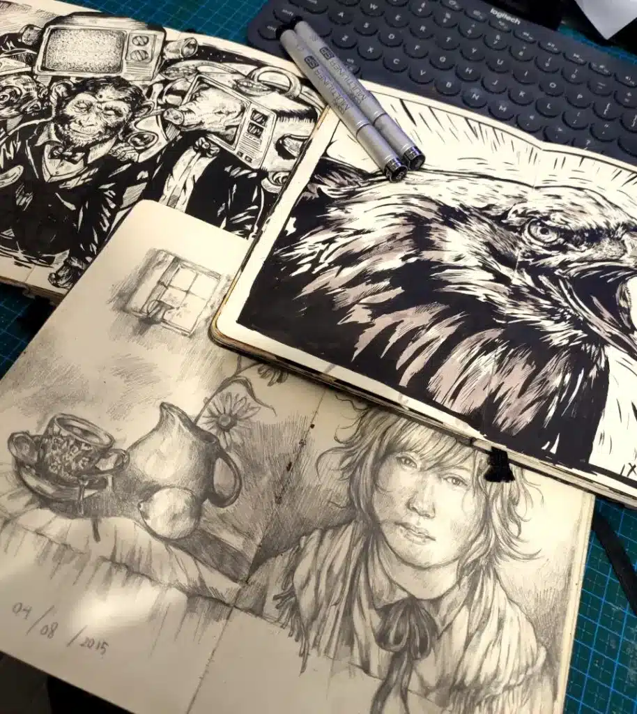 Pop Surrealism artist profile - Archival studio sketchbooks from 2015 showcasing foundational ink and graphite drawings.