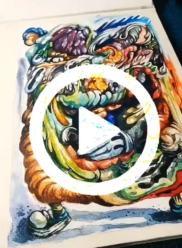 Pop Surrealism artist profile - Final detailing phase of a biomorphic mixed-media piece illustrating the contemporary painting process.